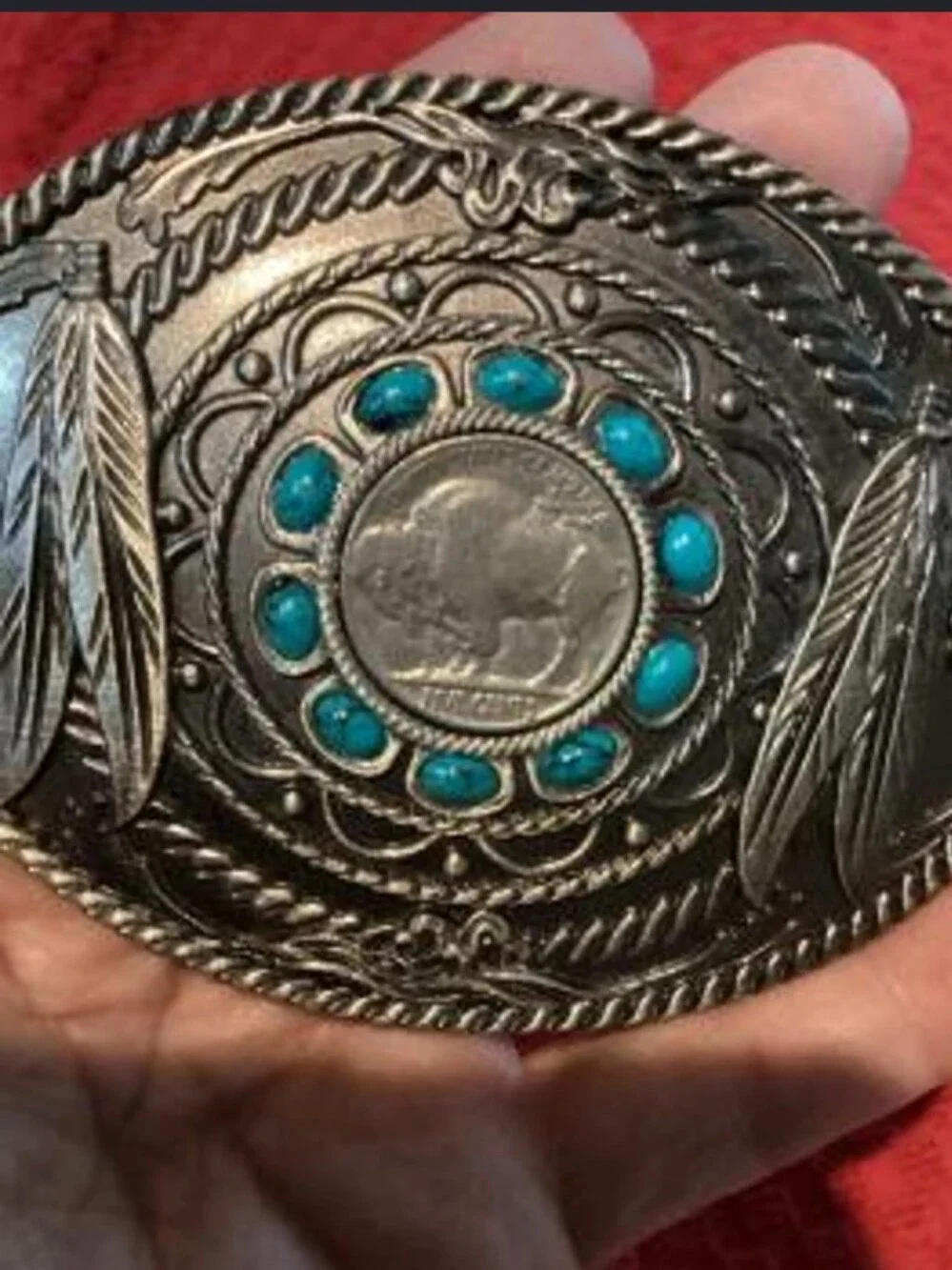 Vintage Turquoise Accent Buffalo Nickel Western Belt Buckle W/ Makers Mark